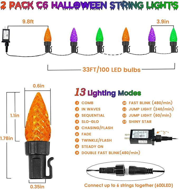 2 Pack C6 Halloween Lights Outdoor Indoor, Total 200 LED 66 FT Connectable Halloween String Lights with Timer & 13 Modes, Waterproof Twinkle Light for Horror Party Decor (Orange, Purple and Green)