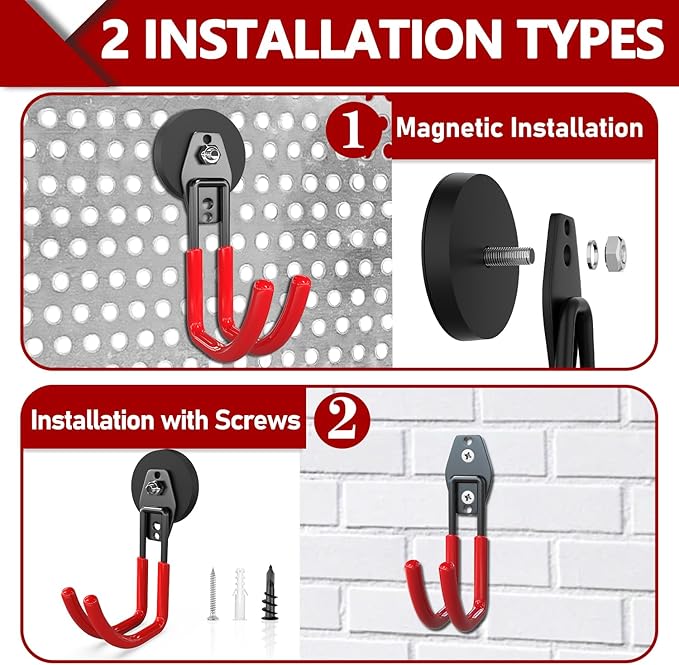 3-H Heavy Duty Magnet Garage Hooks 2 Pack, J Shape Strong Magnetic Hooks for Hanging Cordless Power Drill, Utility Magnetic Tool Holder for Metal Cabinet, Steel Pegboard, Toolbox, Garage(Red)