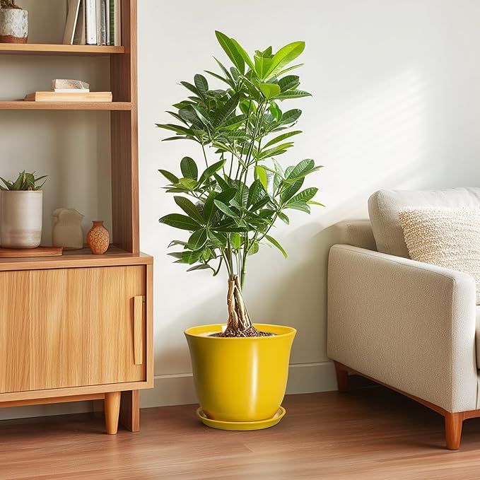 Ceramic Planter - 10 Inch Plant Pot for Indoor Outdoor, Round Flower Pots with Drainage Hole and Saucer, Large Plant Pot, Modern Planters, Home Room Decor, Gifts for Plants Lovers, Yellow