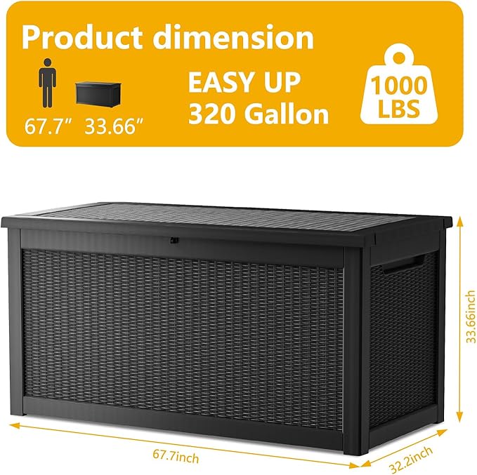 320 Gallon Deck Box, Resin Outdoor Indoor Waterproof Storage Box, Lockable Storage Box With Handle for Patio Furniture - Garden Tools