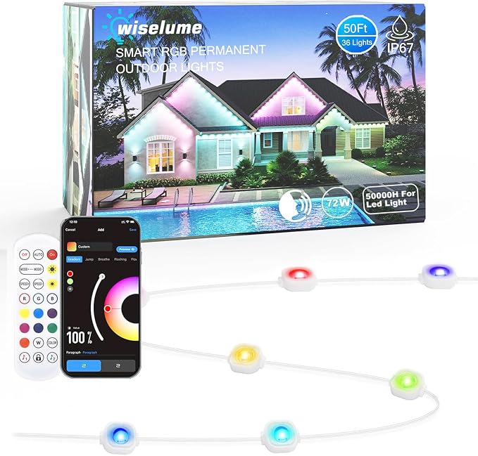 50FT Permanent Outdoor Smart RGB Color-Changing LED Eaves Lights, App Control, Perfect for Game Day, Christmas, and Daily Lighting