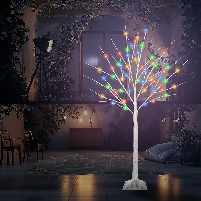 4FT Lighted Birch Tree with 60 LED Warm White and Multicolor Lights, 8 Modes, Timer Remote Faux Prelit Twig Christmas Tree with Lights for Indoor Outdoor Xmas Holiday Party Decoration