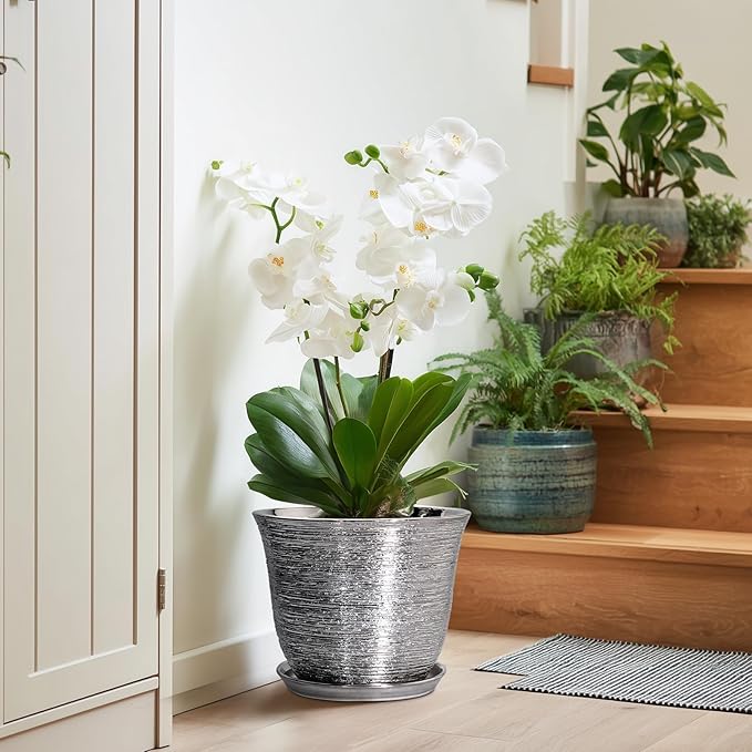 10 Inch Plant Pot - Ceramic Planter with Drainage Hole and Plant Saucer, Round Planter for Indoor Outdoor, Large Modern Decorative Flower Pots, Living Room Decor, Plant Lovers Gifts, Silver