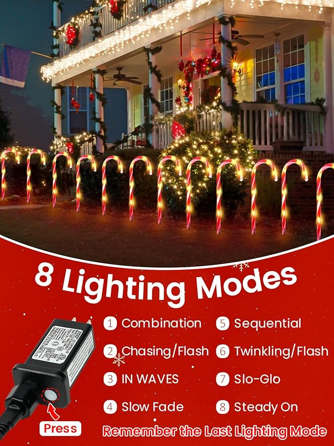 BOSSERN 24 Pack Christmas Candy Cane Lights Plug in, Jumbo Candy Cane Light Waterproof, 8 Modes Christmas LED Decorations for Outdoor, Pathway Lights Plug in for Garden Lawn Yard Patio Decorations