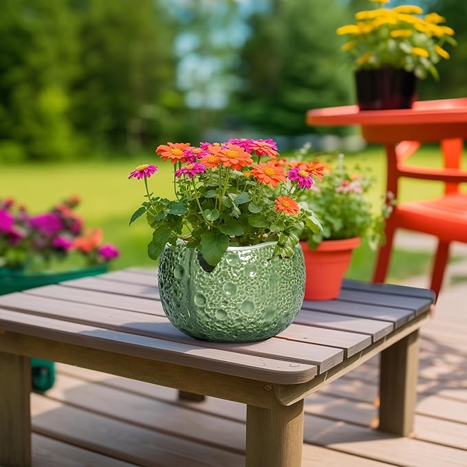 8 Inch Plant Pot - Ceramic Pots for Plants with Drainage Hole, Round Decorative Plant Pots for Indoor Outdoor, Modern Unique Flower Pot, Office Decor, Garden Gifts, Green