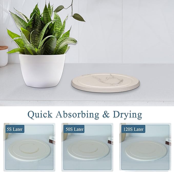Plant Saucer Flower Pot Saucers Plant Trays for Pots Instant Dry Diatomaceous Earth Round Plant Drip Trays for Indoors Keeping Counter and Floors Dry and Clean (2Pcs White Large)