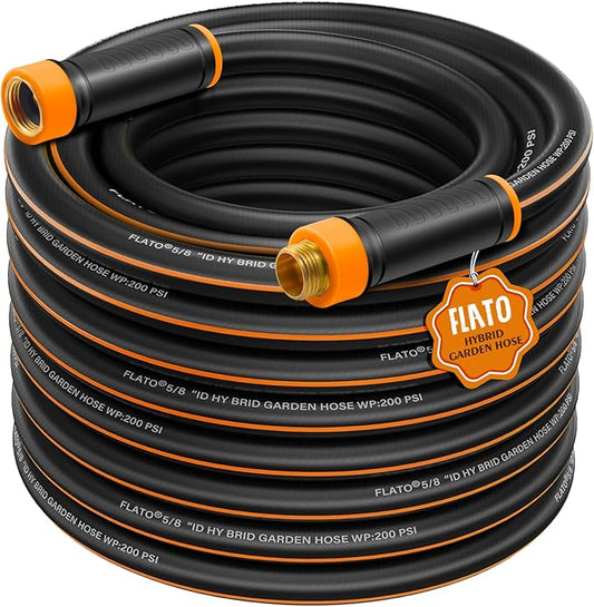 FLATO Garden Hose 5/8" x 100FT, Light Weight and Flexible, All Weather Use, Hybrid Polymer Water Hose with Brass Fittings, for Yard, Outdoor, Lawn (Black, Orange stripes)