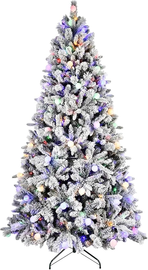 6 ft Prelit Flocked Christmas Tree with Pine Cones & 350 Colorful UL Lights, Snow Frosted Artificial Christmas Tree with Auto Hinged Stand for Holiday Decor