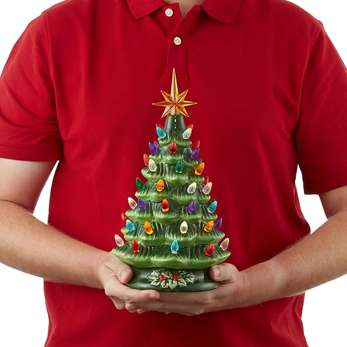 Casafield Hand Painted Ceramic Christmas Tree, Green 12-Inch Pre-Lit Tree with 100 Multi Color Lights and 2 Star Toppers