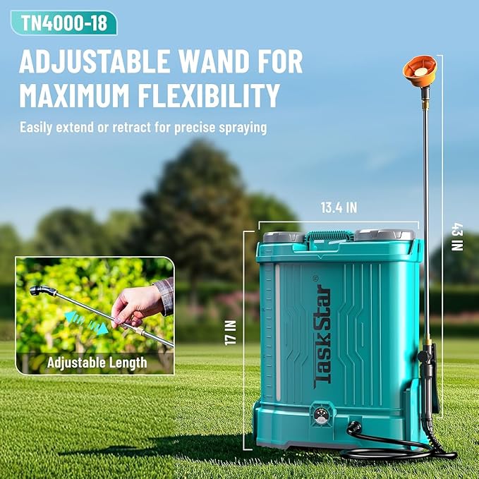 Backpack Sprayer 4 Gallon Battery Powered Electric - 2 * 2000mAh Battery Lawn Sprayer 100PSI Adjustable Pressure with 2 Wands, 6 Nozzles, Lawn Yard Weed Battery Sprayer for Garden