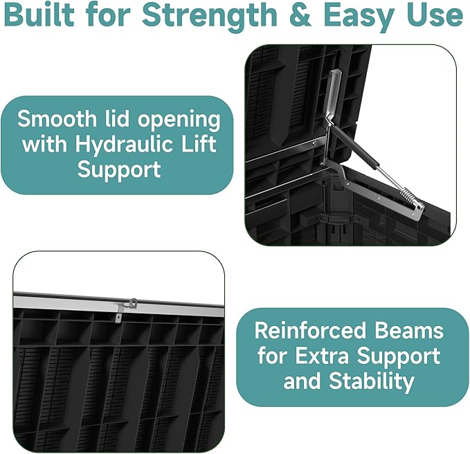260 Gallon Waterproof Outdoor Storage Box, UV Resistant Resin Deck Box with Hydraulic Rod for Reinforced Stability, Perfect for Patio, Garden, and Pool, Striped Black