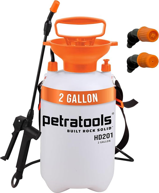 Petratools 2 Gallon Pump Sprayer - HD201 Garden Sprayer for Weeds, Lawn Care & Pesticides - 52" Long Hose, 2 Nozzles & Easy Carry Handle - Durable & Lightweight