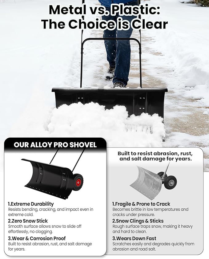 29" Snow Pusher Shovel with Wheels, Adjustable Ergonomic U-Handle Snow Plow for Driveway, Heavy Duty Wheeled Rolling Shovels for Driveway and Sidewalks with Angeled Blade