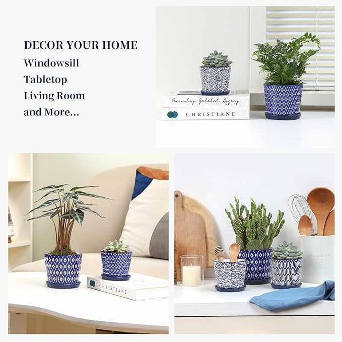 Selamica Ceramic Succulent Pots, 4.3 Inch Small Plant Pots with Drainage Holes and Saucers, Small Flower Pots for Succulent, Cactus, Home Decor, Set of 4, Vintage Blue