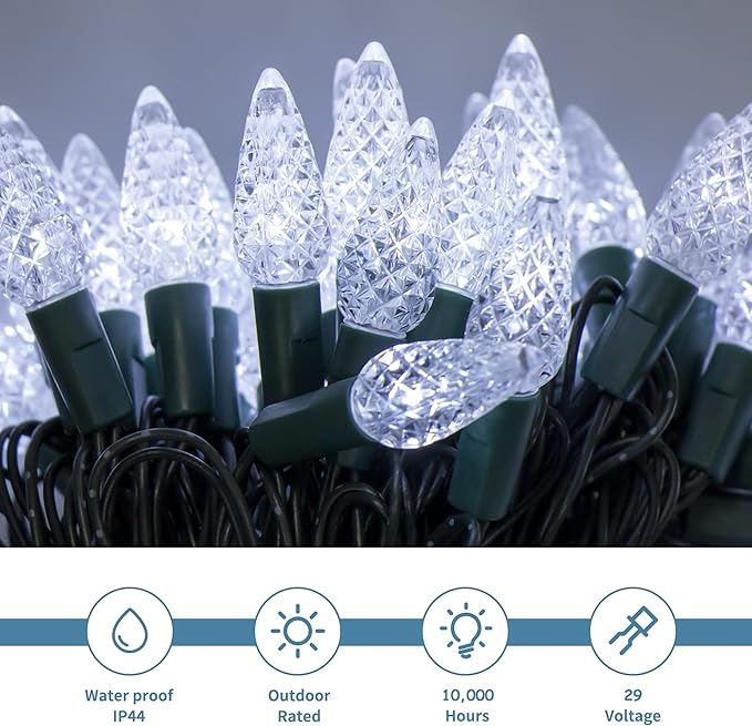 WATERGLIDE C6 Christmas Lights, 33ft 100 LED Faceted String Lights Green Wire Fairy Lights with 29V Safe Adaptor, 8 Lighting Mode, Waterproof for Indoor Outdoor Patio Xmas Tree Party Decor, Cool White