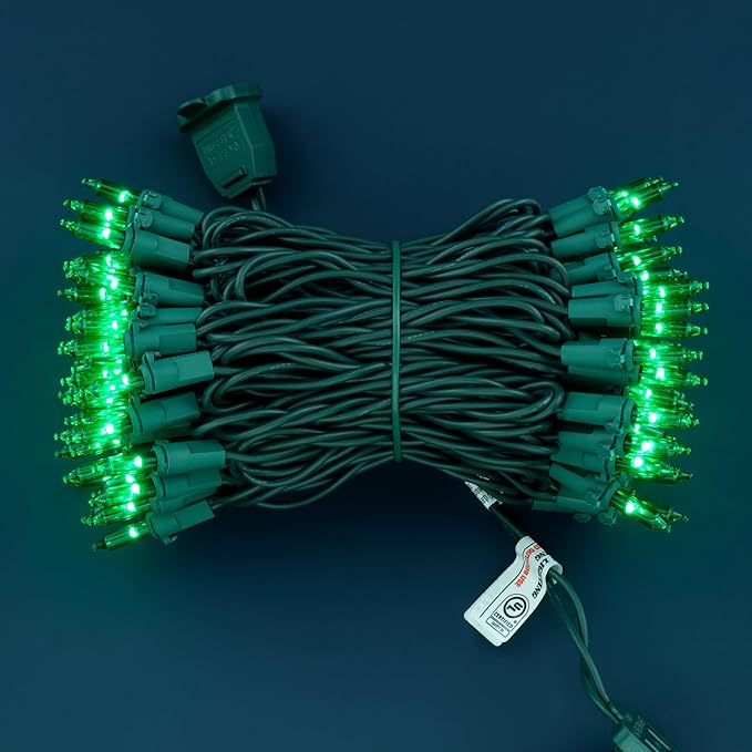 YULETIME 100 Count Green Christmas Lights, 33 Feet Green Wire UL Certified Incandescent-Like LED Mini String Lights