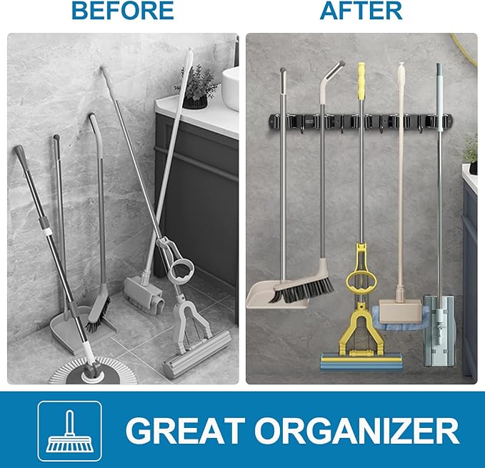 IMILLET Broom Holder Wall Mount, Broom Holder Stainless Steel Heavy Duty Garage Organization Broom Organizer Wall Mount Self Adhesive Laundry Room Organization and Storage（5 Racks and 4 Hooks）