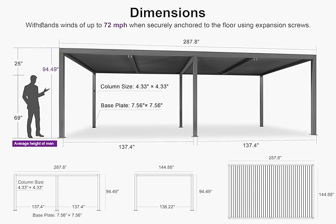 PURPLE LEAF Louvered Pergola 12' x 24' Outdoor Retractable Modern Hardtop Full Aluminum Pergola with Adjustable Rainproof Roof and 36 Clear LED String Lights for Patio Deck Backyard Slate Grey
