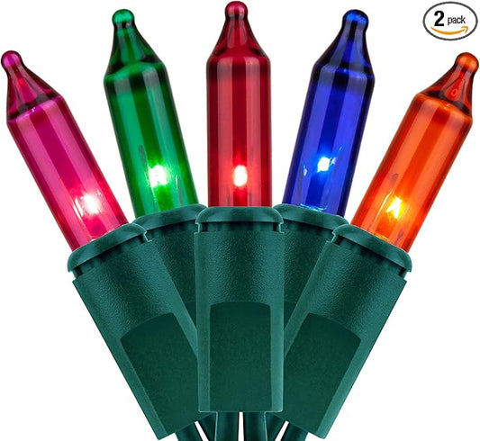 YULETIME 200 Multicolor Christmas Lights, Pack of 2 Strands of 21 ft 100 Count UL Certified Incandescent Mini String Light (Multicolor - Green Wire)