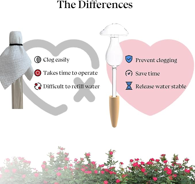 3 Pack Non-Clogging Mushroom Plant Watering Globes with Terracotta Spikes, Hand Blown Glass Self Watering Planter Insert Plant Watering Devices Bulbs for Indoor and Outdoor Plants