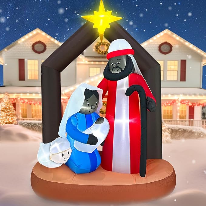 7 Ft Tall 5 Ft Long Christmas Inflatables African American Nativity Scene Outdoor Decoration, Blow Up Black Jesus Manger Set with Built-in 7 Light Inflatable Xmas Decor Yard Lawn