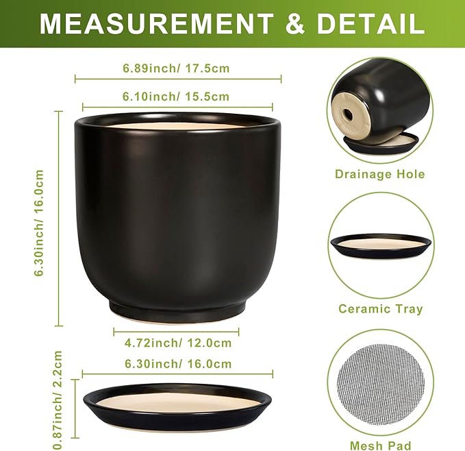 Ceramic Planter 7 Inch - Cylinder Round Modern Indoor Plant Pot for Plants with Drainage Hole and Saucer, Room Home Patio Office Patio Decor, Black