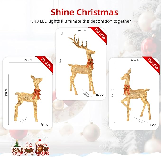 HOYECHI 6.5 FT Oversized Christmas Decorations Outdoor Lighted Reindeer – 3-Piece 3D Deer Family Set with 340 Warm White LED Lights for Yard, Lawn, Garden & Porch Holiday Display - Gold