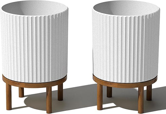 Veradek Demi Series Round Planter w/Stand for Porch/Patio | Durable Plastic-Stone Composite & Wooden Stand | Modern Décor for Tall Plants, Flowers