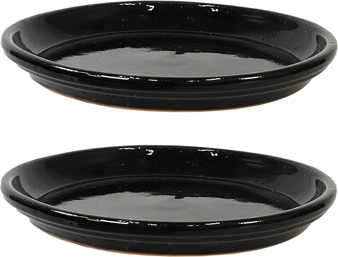 Sunnydaze 12-Inch Ceramic Plant Saucers - Plant Drip Trays for Outdoor Planter Flower Pot Drainage - Set of 2 - Obsidian