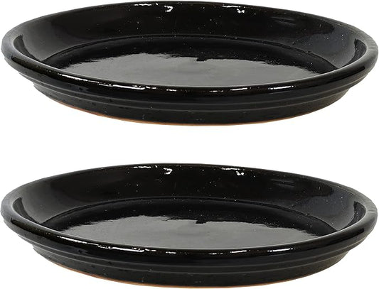 Sunnydaze 12-Inch Ceramic Plant Saucers - Plant Drip Trays for Outdoor Planter Flower Pot Drainage - Set of 2 - Obsidian