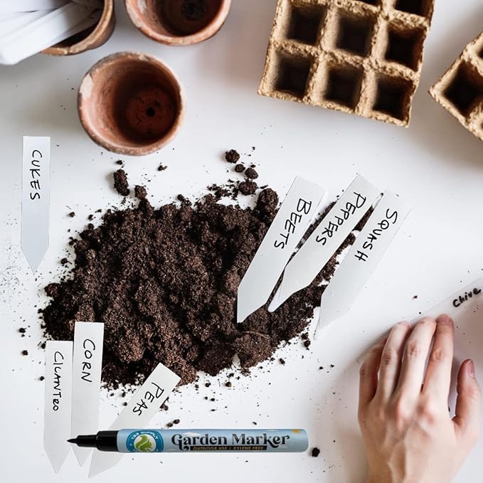 -100 Pack 4" Plastic Plant Labels for Seedlings with 2 Pack of Garden Marker Pens (Garden Markers Fade Resistant Plant Markers Outdoor Waterproof Pen Black Permanent Markers Plant Tags)