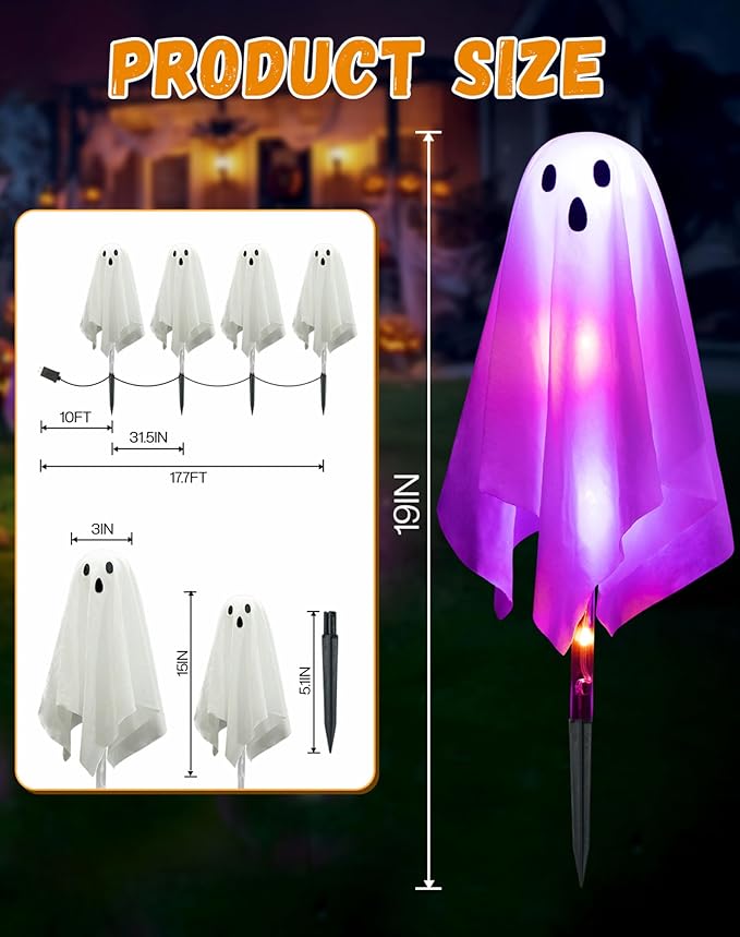 4Packs Halloween Decorations Outdoor Ghost Pathway Lights,Light Up Ghost Decor with APP Control&Remote, Color Changing, DIY Lights, Dimming, Music Synic, Halloween Pathway Light for Porch Yard Garden