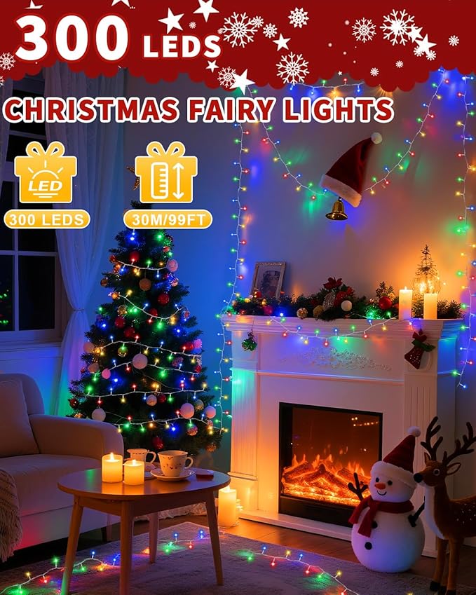 300 LED 108FT Christmas Lights String Outdoor Indoor, Multicolor Xmas Tree Lights, Plug in Twinkle Fairy Light with Remote Timer Dimmable for Room Yard Holiday Party Wedding Camping Decor