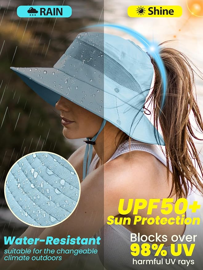 EW EastWater Beach Sun Bucket Hats for Women,UV Protection High Ponytail Hole UPF 50+ Waterproof for Hiking Safari Fishing
