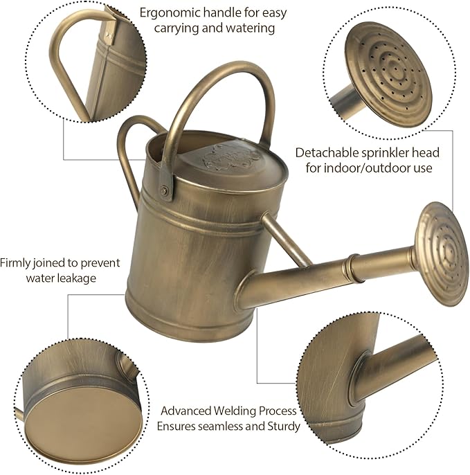 1 Gallon Vintage Bronze Galvanized Metal Watering Can for Indoor/Outdoor Plants,Garden, Balcony for Kids and Adults, Detachable Spout, Retro Rustic Decor (Shadow Patina)