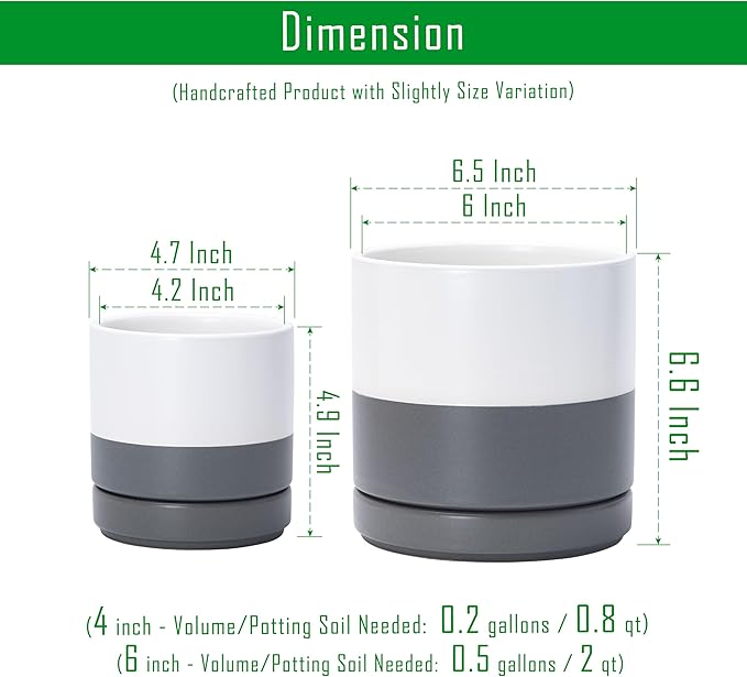 D'vine Dev 4.7 Inch & 6.5 Inch Ceramic Planter Pots for Plants with Drainage Hole and Saucer, Small Plant Pots Set, White/Speckled Grey, 94-G-S-6