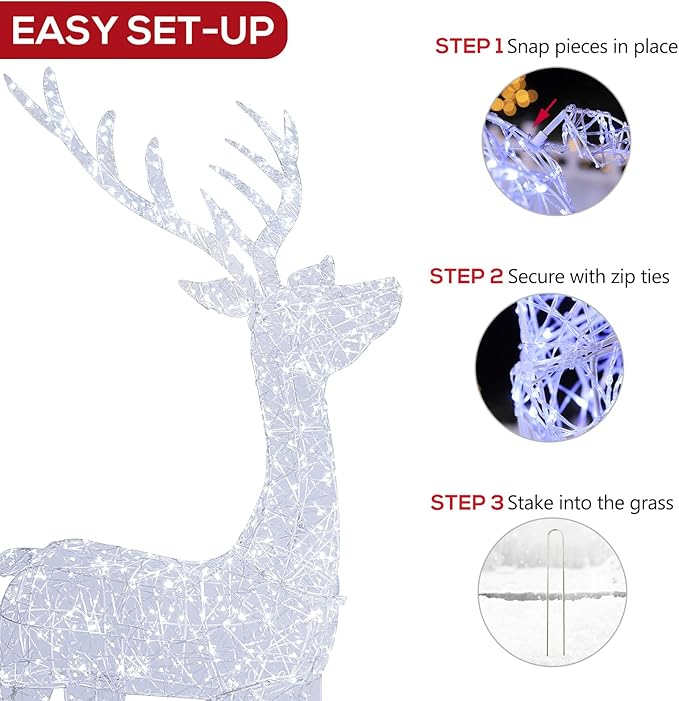 Hykolity 4.5 FT 3D Lighted Outdoor Christmas Reindeers Family, 3-Piece Light Up Twinkling Deer Set with 1660 White LED Lights, Groud Stakes, Zip Ties for Holiday Decorations