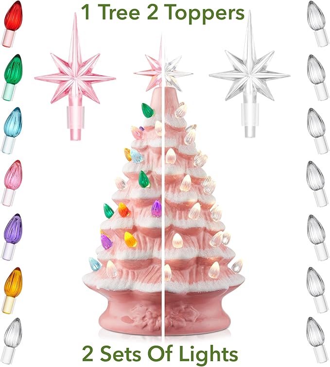 Casafield Hand Painted Ceramic Christmas Tree, Pink Snow Flocked 12-Inch Pre-Lit Tree with 100 Multi Color Lights and 2 Star Toppers