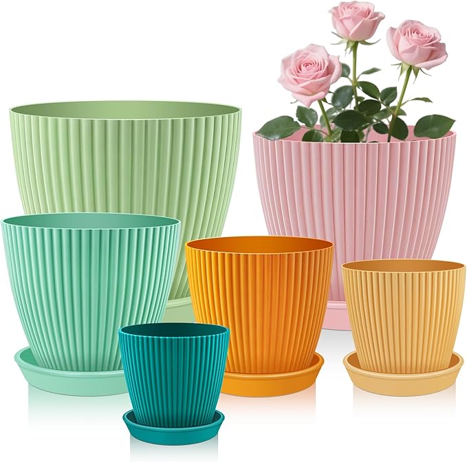 SupKing Plant Pots with Drainage Saucers 7.5/6.7/6/5/4/3.5 Inch Set of 6,Plastic Flower Pots Planters with Multi Mesh Drainage Holes Multicolor Nursery Planting Pot for Indoor Outdoor Garden Plants