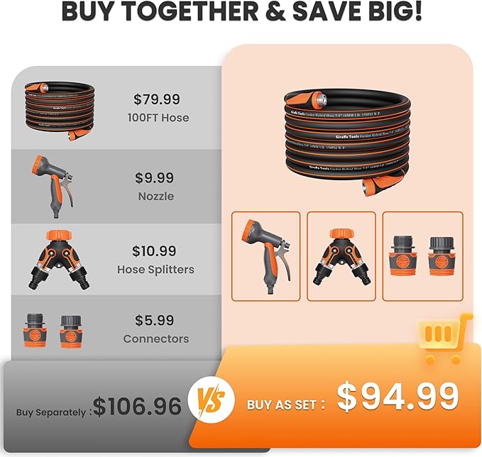 Giraffe Tools 100Ft 5/8" Garden Hose Set with 10-Pattern Spray Nozzle, Quick Connect Adapters & Splitter, for Lawn Care, Car Washing, Bed Garden Water Hose