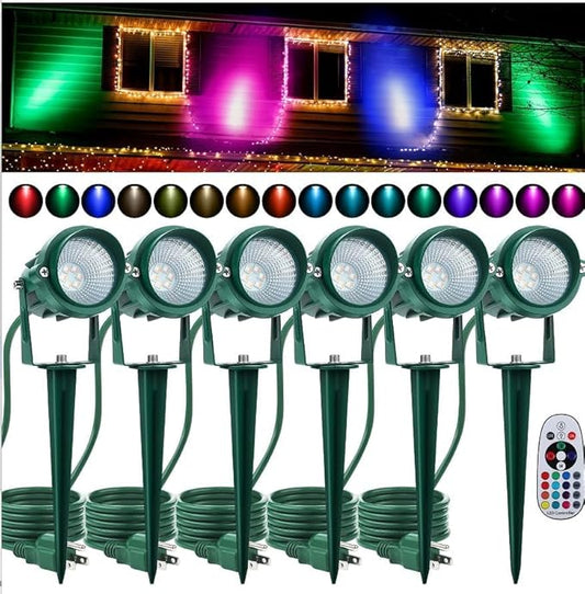 Fovths 6 Pack Christmas Spotlight 12W RGBW Outdoor Landscape Lights Spot Light with Remote Control IP65 Waterproof 120V Lights 16 Color Changing for Xmas Garden Path Yard Decor