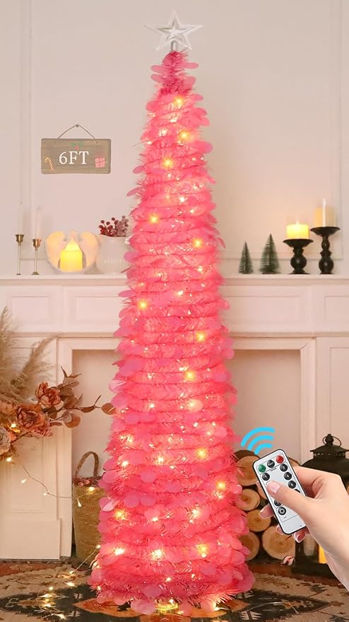 HMASYO 6 FT Pop Up Christmas Tree with 100 LED Lights & Remote, Hot Pink Christmas Tinsel Tree, Collapsible Artificial Pencil Tree for Home Office Party Decor, USB Powered Timer Lights, Easy Assembly