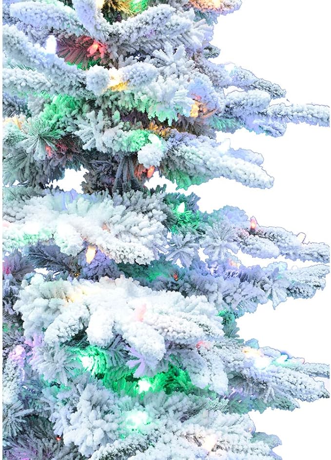 Fraser Hill Farm 12-ft. Pine Valley Flocked Christmas Tree with Dual Multicolor & Warm White LED Lights, Snowy and Modern Tree with Remote Control, Artificial Tree for Indoor Holiday Decor