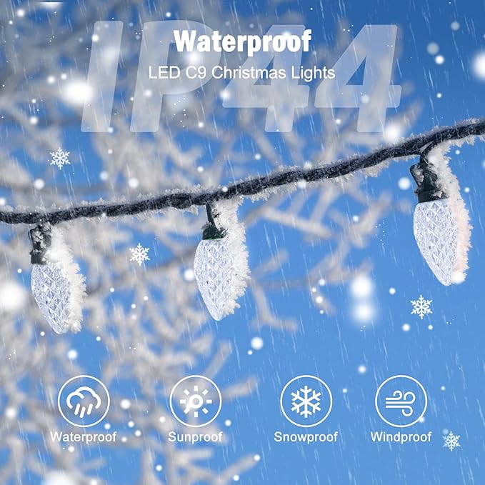 C9 LED Christmas Lights Outdoor, 68Ft 100 LED String with All in One Clips, Commercial Grade Waterproof Outdoor Christmas Lights for House Outside Roofline Xmas Decor, Pure White