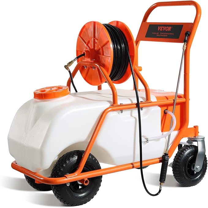 VEVOR Battery Powered 15 Gallon Garden Weed Sprayer with Wheeled Cart, 126FT Hose with Reel, 8 Nozzles, 2 Wands with Lock Trigger, 0-90PSI, 5-6h Spray Time, Wide Mouth Lid, Rotating Wheels with Brake