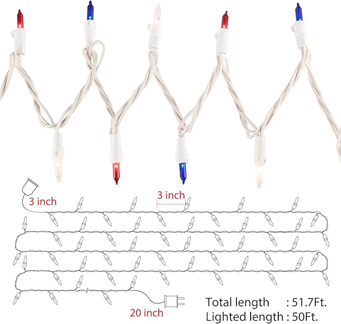 4th of July Decoration Patriotic Mini Lights - 200 Count 50 Feet Red White Blue Incandescent Bulb Waterproof String Lights Plug in for Indoor Outdoor Christmas Party Patio Independence Day Decoration