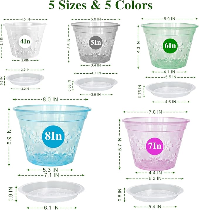 Orchid Pot, 8 Pack Orchid Pots with Holes & Saucers, Clear Plastic Pot for Repotting, Breathable Ventilation Planters for Phalaenopsis, Dendrobium & Oncidium Orchids(5 inch, Green)