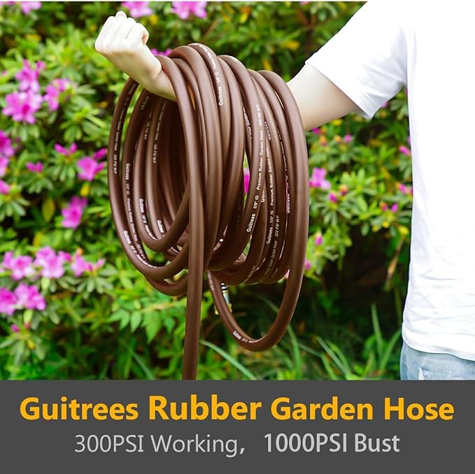 Garden Hose 50FT x 5/8", Heavy Duty Rubber Hose, Water Hose with Five Layered Braiding, Male to Female Fittings, 1000PSI Burst, 300PSI Working (Brown)