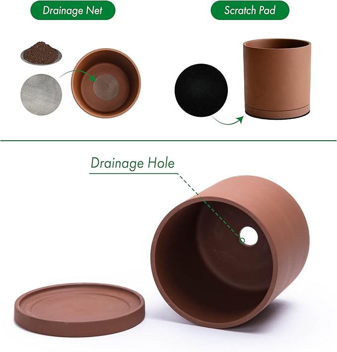 D'vine Dev 4 Inch Rust Terracotta Plant Pot with Drainage Hole and Saucer, Round Cylinder Planter Pot for Indoor Plants, 40-V-A-3