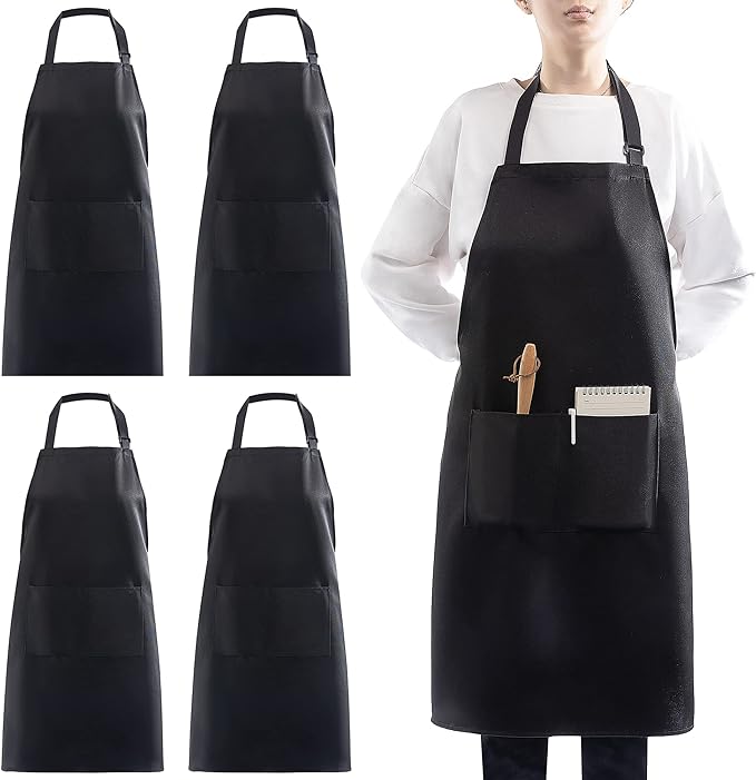 4 Pack Adjustable Apron, Black Apron with 2 Pockets, Machine Washable Apron Perfact for Cooking, Grilling, Dishwashing, Restaurant Work, Best Assistant for Chef Waiter Artist